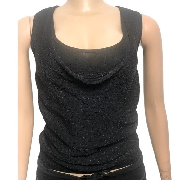 90s Cache Cow Neck Tank Black Layered Ribbed Knit Shimmer Size M - Picture 4 of 16